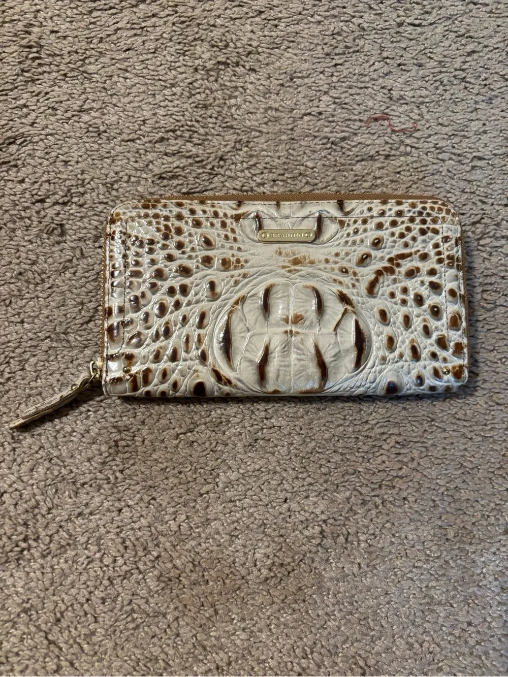 Brahmin Cream and Brown Croc-Embossed Continental Zip Wallet